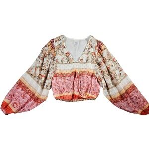 Q+A Los Angeles Pink Floral Patchwork Gold Metallic Cropped Balloon Sleeve Top S